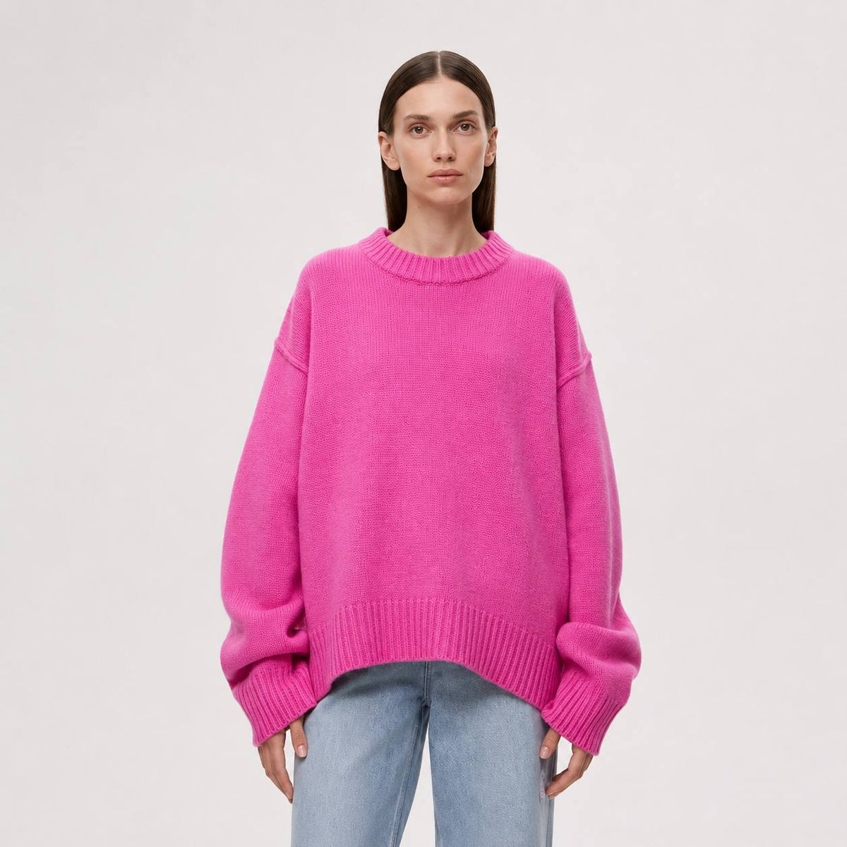 Oversized Knit Sweater –  Crew Neck Relaxed Fit Jumper with Ribbed Cuffs and Hem