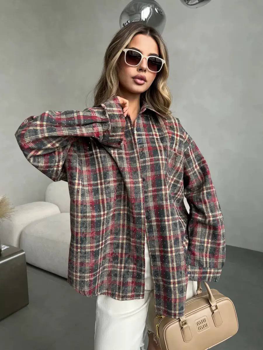 Oversized Plaid Shirt Jacket – Long Sleeve Button-Up Checkered Shacket with Relaxed Fit