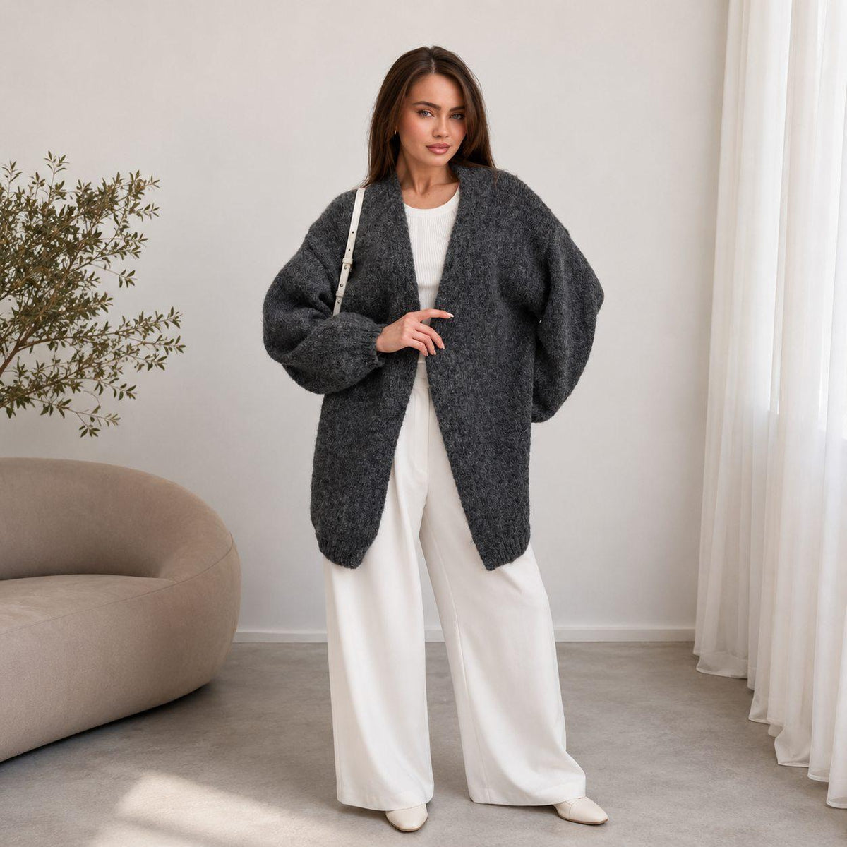Oversized Open Front Knit Cardigan – Long Sleeve Chunky Ribbed Sweater with Relaxed Fit