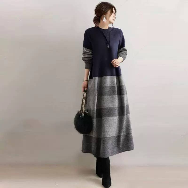 Women’s Colour Block Round Neck Long Sleeve A-Line Knit Maxi Dress