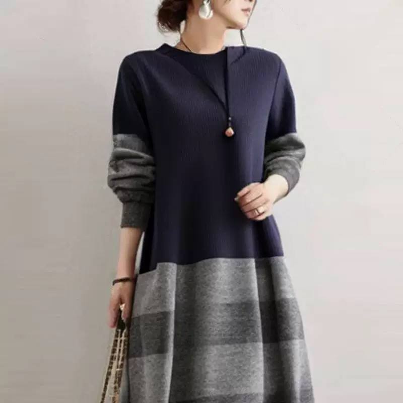 Women’s Colour Block Round Neck Long Sleeve A-Line Knit Maxi Dress