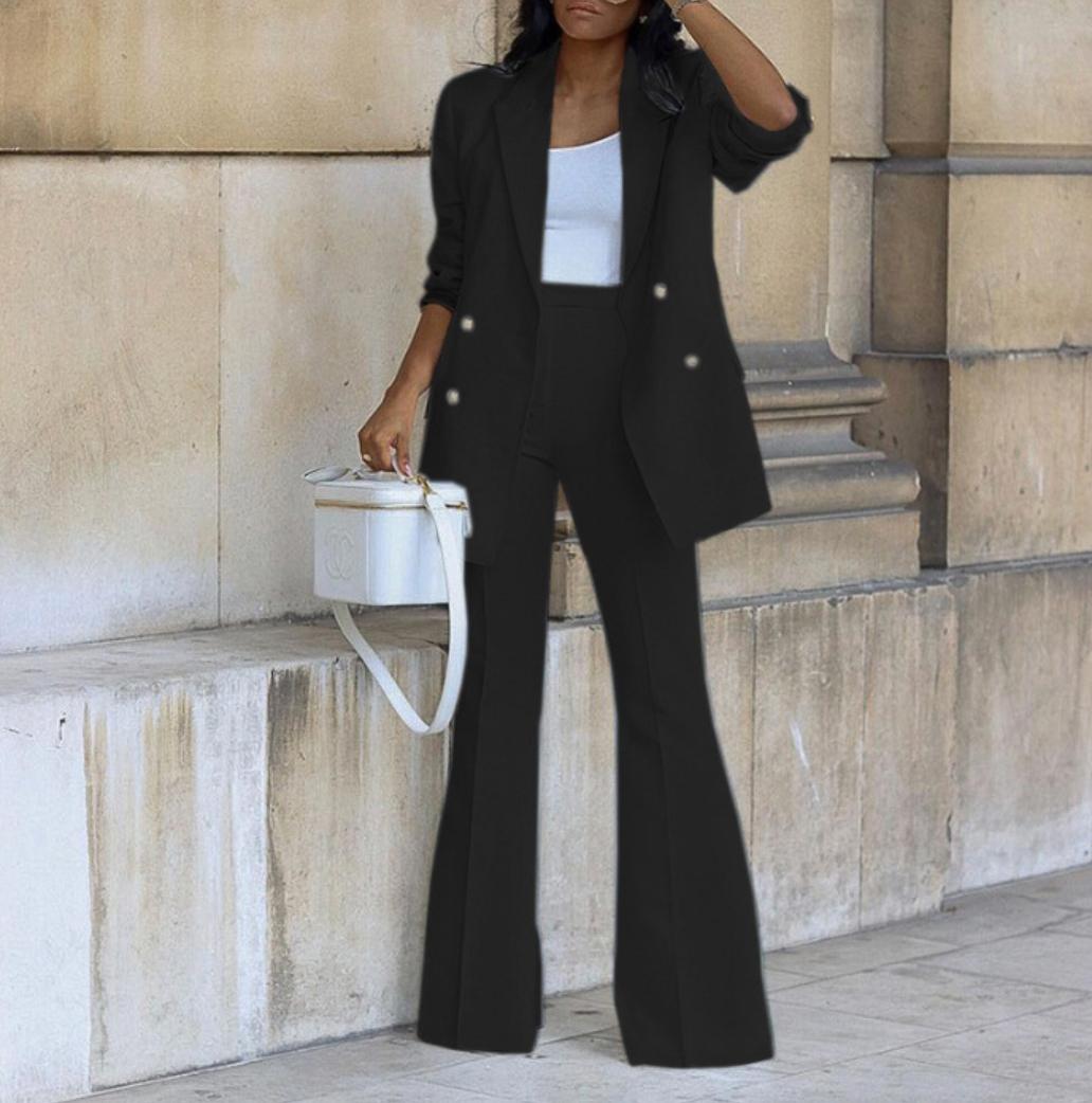 Women's Double-Breasted Blazer and Flared Trouser Set - Black