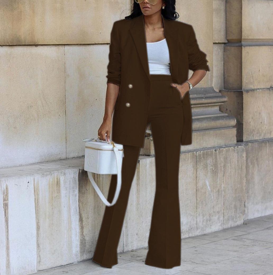 Women's Double-Breasted Blazer and Flared Trouser Set - Brown