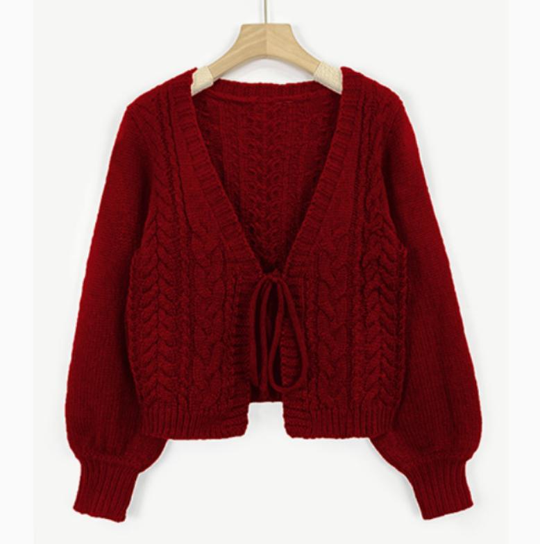 Women's Cable-Knit Tie-Front Balloon-Sleeve Cardigan - Red