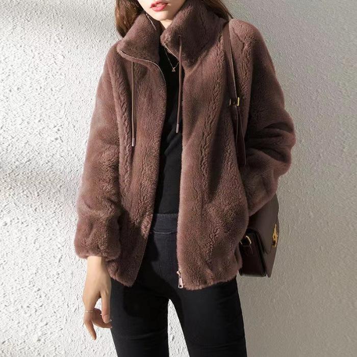 Women's Plush High-Neck Zip-Front Jacket - Pink
