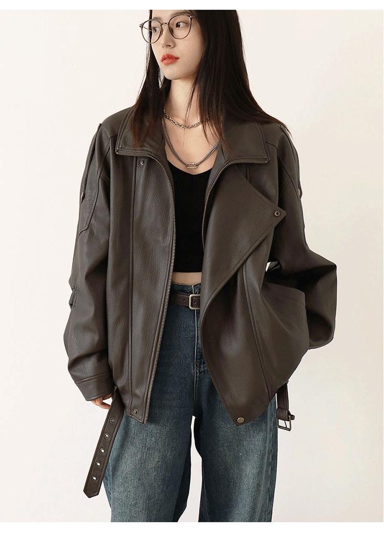 Women's Oversized Asymmetric Zip Belted Biker Jacket - Black