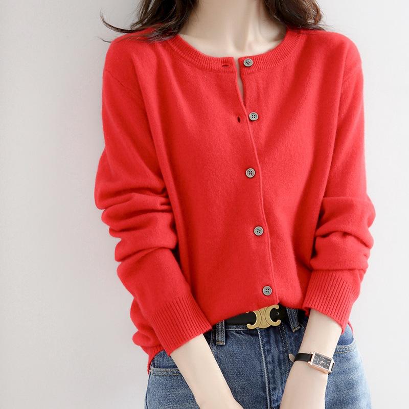 Women's Classic Crew-Neck Button-Front Knit Cardigan - Red