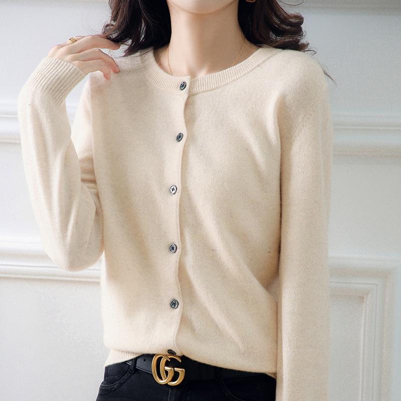 Women's Classic Crew-Neck Button-Front Knit Cardigan - Cream