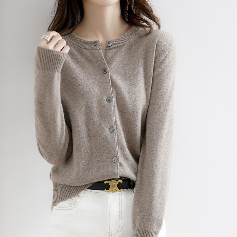 Women's Classic Crew-Neck Button-Front Knit Cardigan - Mocha