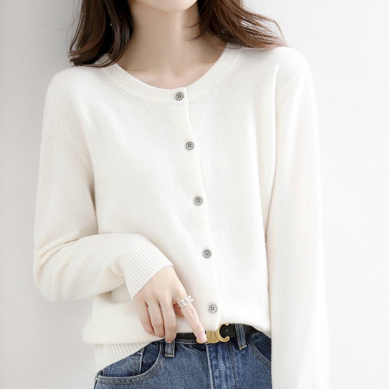 Women's Classic Crew-Neck Button-Front Knit Cardigan - White
