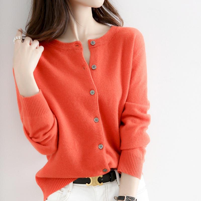 Women's Classic Crew-Neck Button-Front Knit Cardigan - Coral