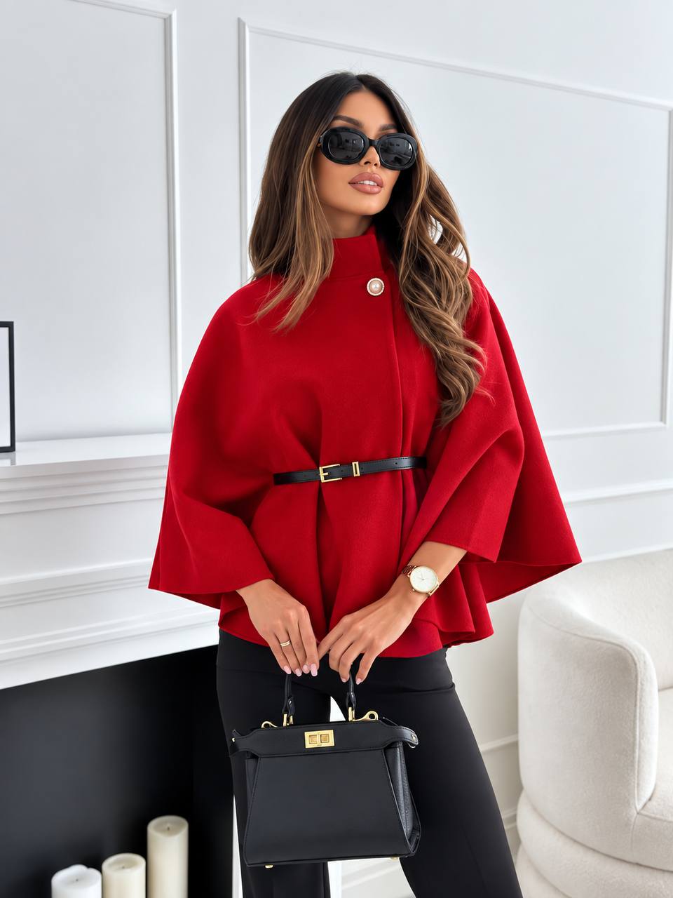 Women’s Belted Cape Sleeve Short Jacket - Red