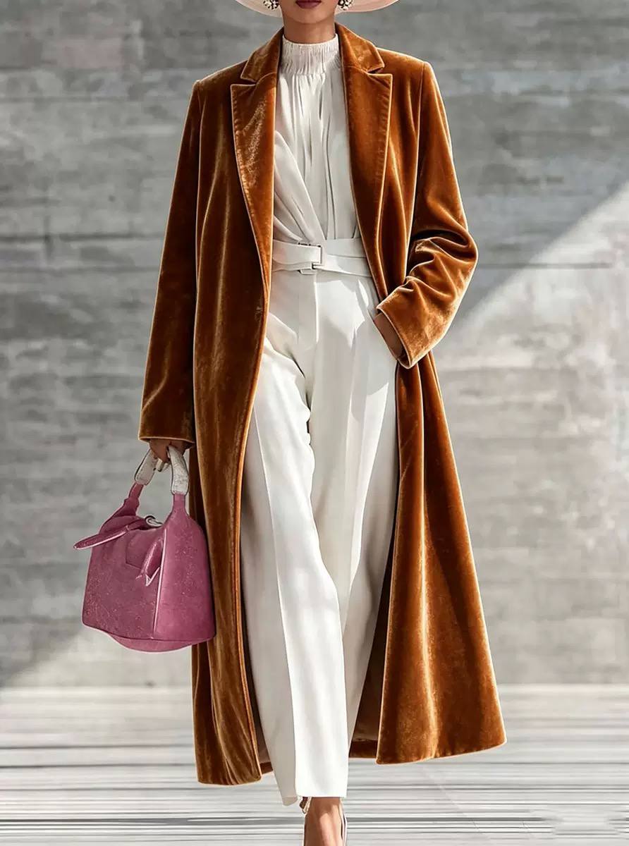 Women’s Velvet Open-Front Longline Coat - Camel