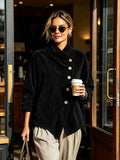 Women’s Corduroy Asymmetric Button Relaxed Jacket - Black