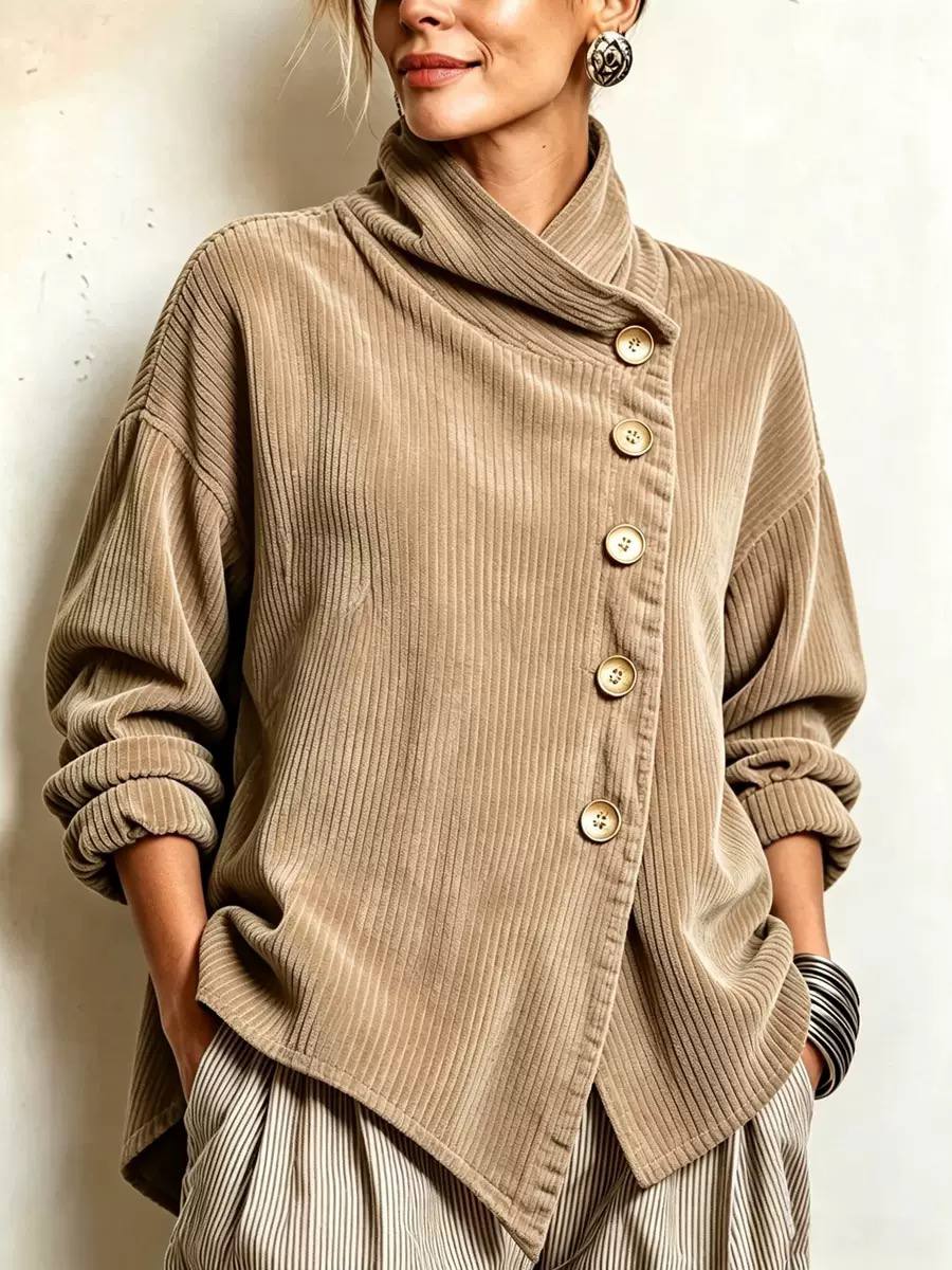 Women’s Corduroy Asymmetric Button Relaxed Jacket - Taupe