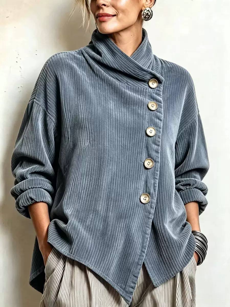 Women’s Corduroy Asymmetric Button Relaxed Jacket - Blue Grey