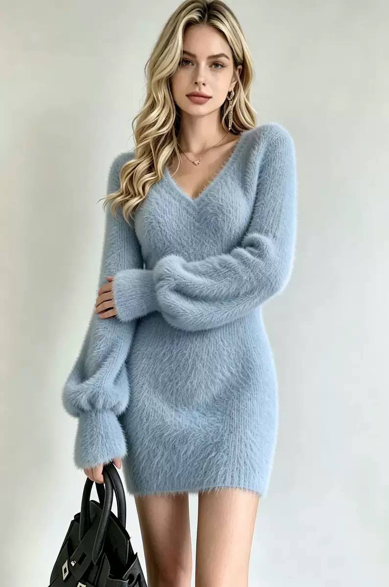 Women’s Soft Textured V-Neck Mini Dress - Light Blue