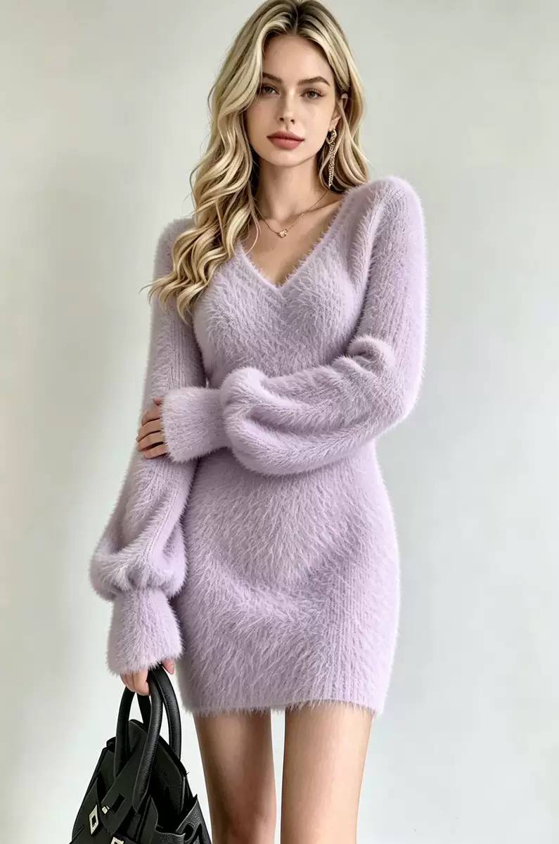 Women’s Soft Textured V-Neck Mini Dress - Lavender