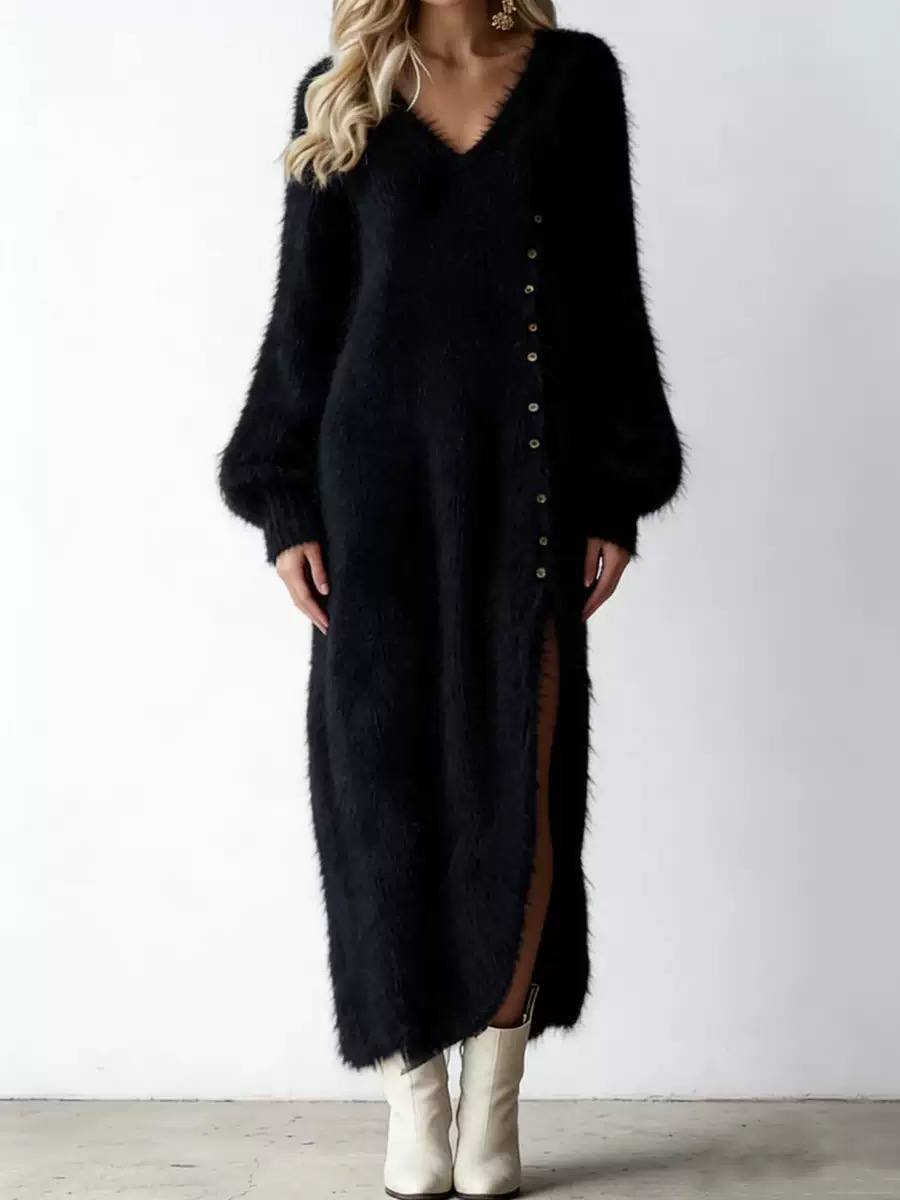 Women’s Textured V-Neck Button Detail Maxi Dress - Black