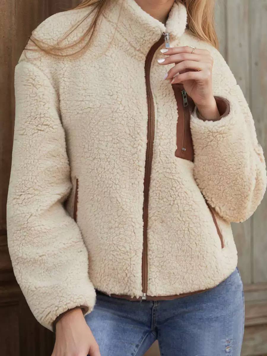 Women’s Teddy Texture Zip-Up Casual Jacket - Cream