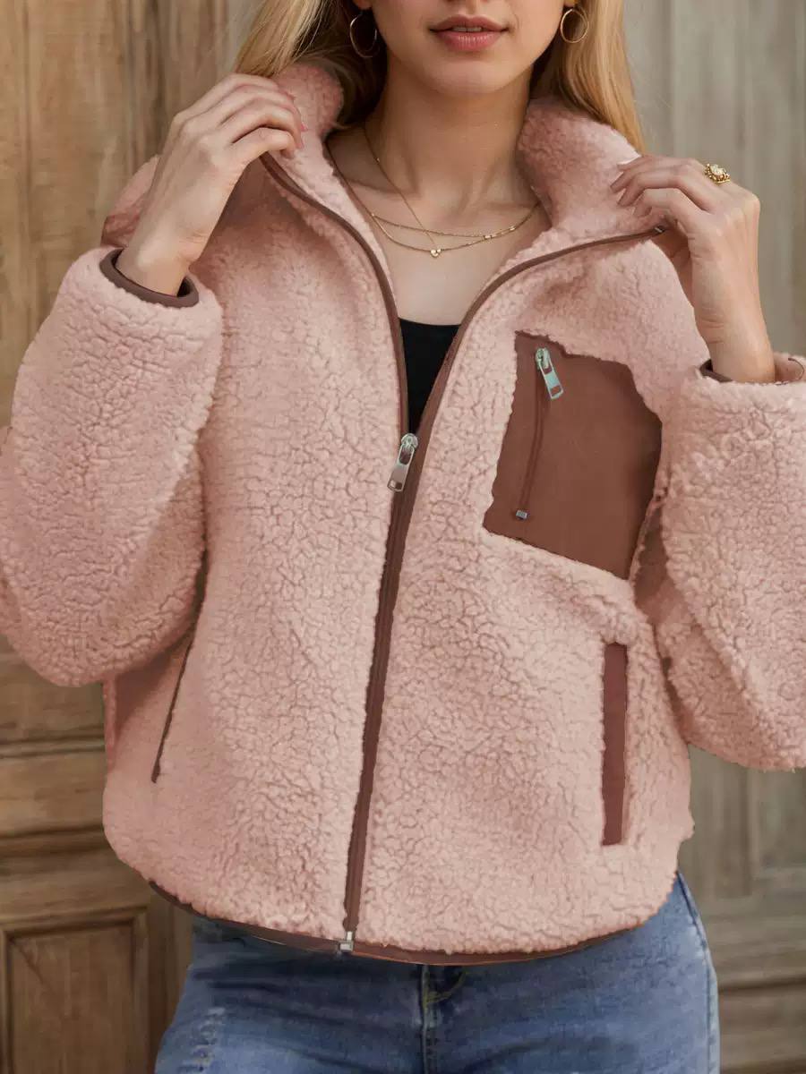 Women’s Teddy Texture Zip-Up Casual Jacket - Pink