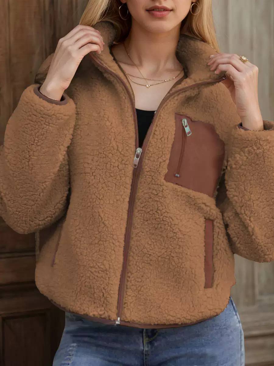 Women’s Teddy Texture Zip-Up Casual Jacket - Camel