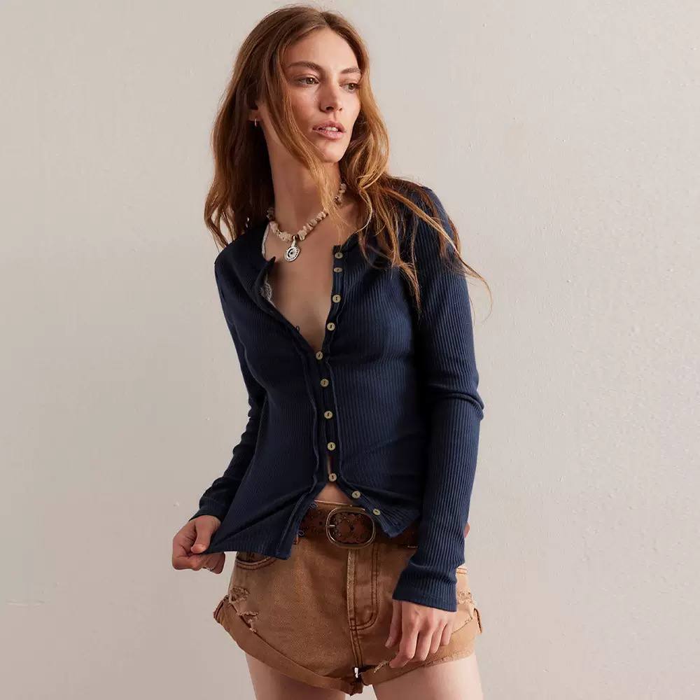 Women’s Ribbed Button-Front Relaxed Cardigan - Navy