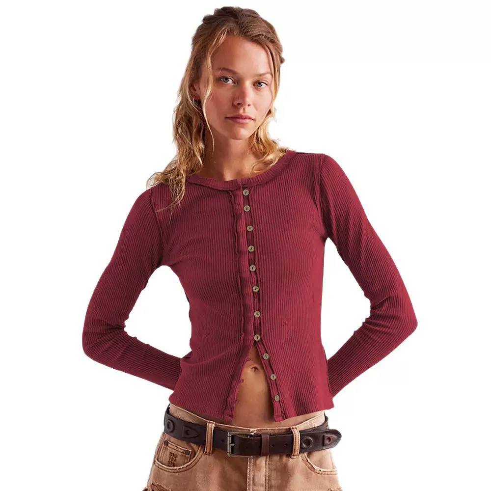 Women’s Ribbed Button-Front Relaxed Cardigan - Burgundy