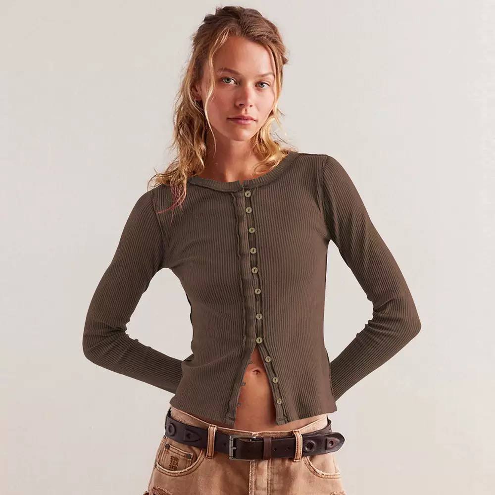 Women’s Ribbed Button-Front Relaxed Cardigan - Brown