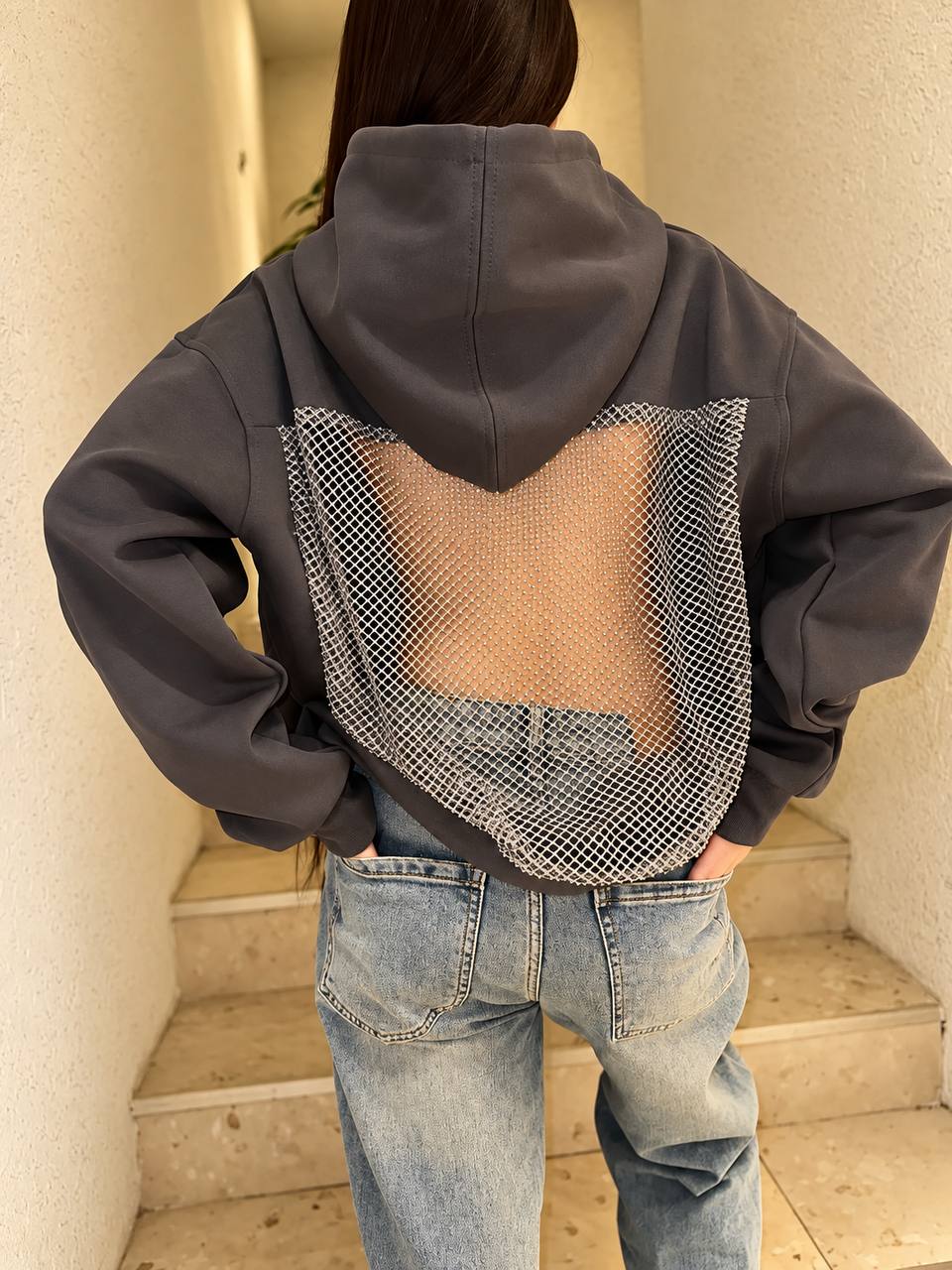 Women’s Rhinestone Mesh-Back Hooded Sweater - Dark Grey