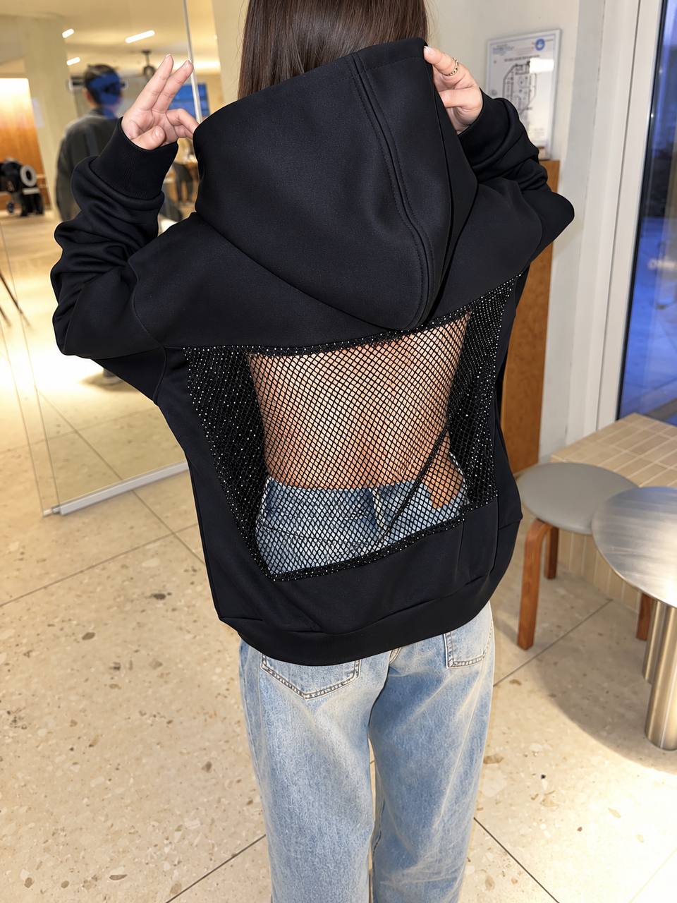 Women’s Rhinestone Mesh-Back Hooded Sweater - Black
