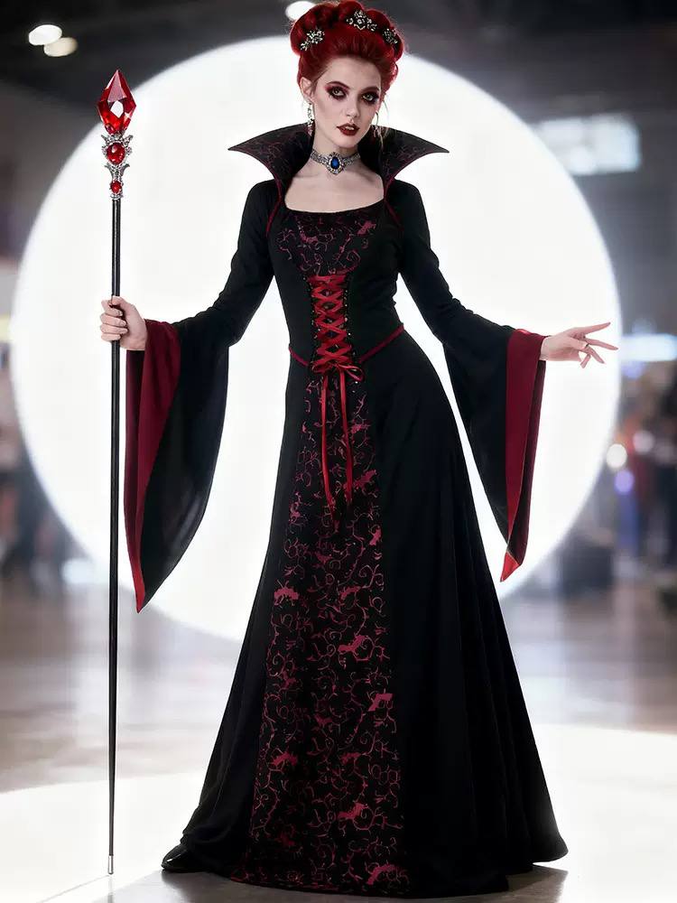 Women's Floor-Length Vampire Queen Costume Dress - Black/Burgundy