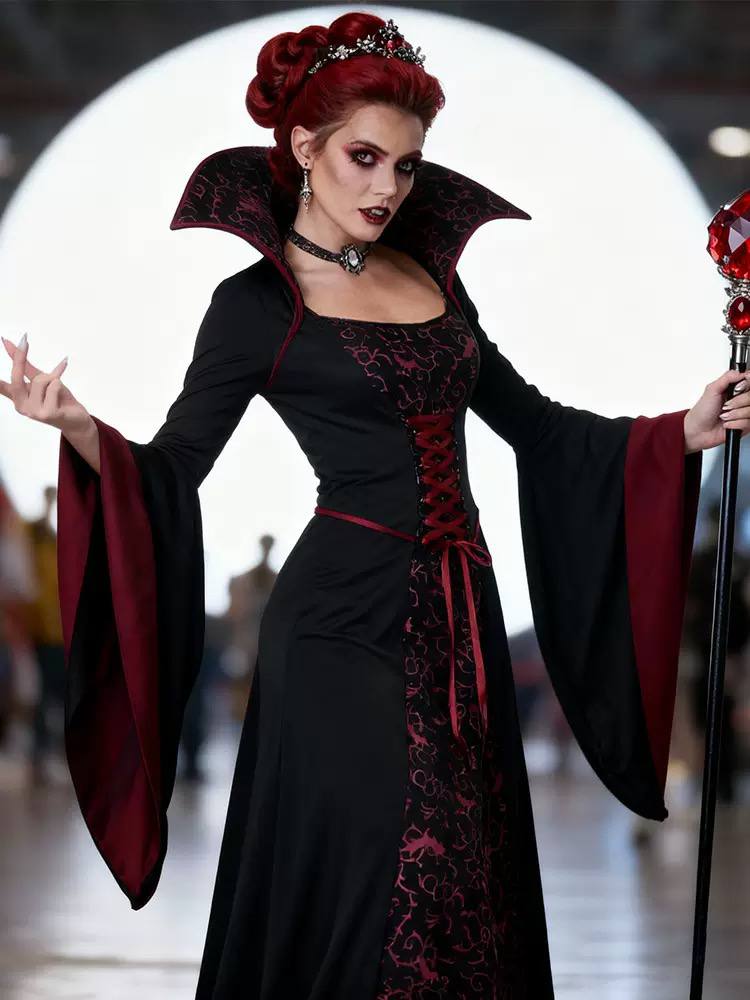 Women's Floor-Length Vampire Queen Costume Dress - Black/Burgundy