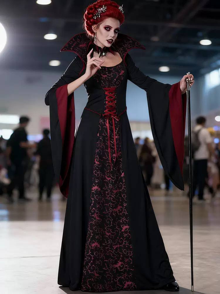 Women's Floor-Length Vampire Queen Costume Dress - Black/Burgundy