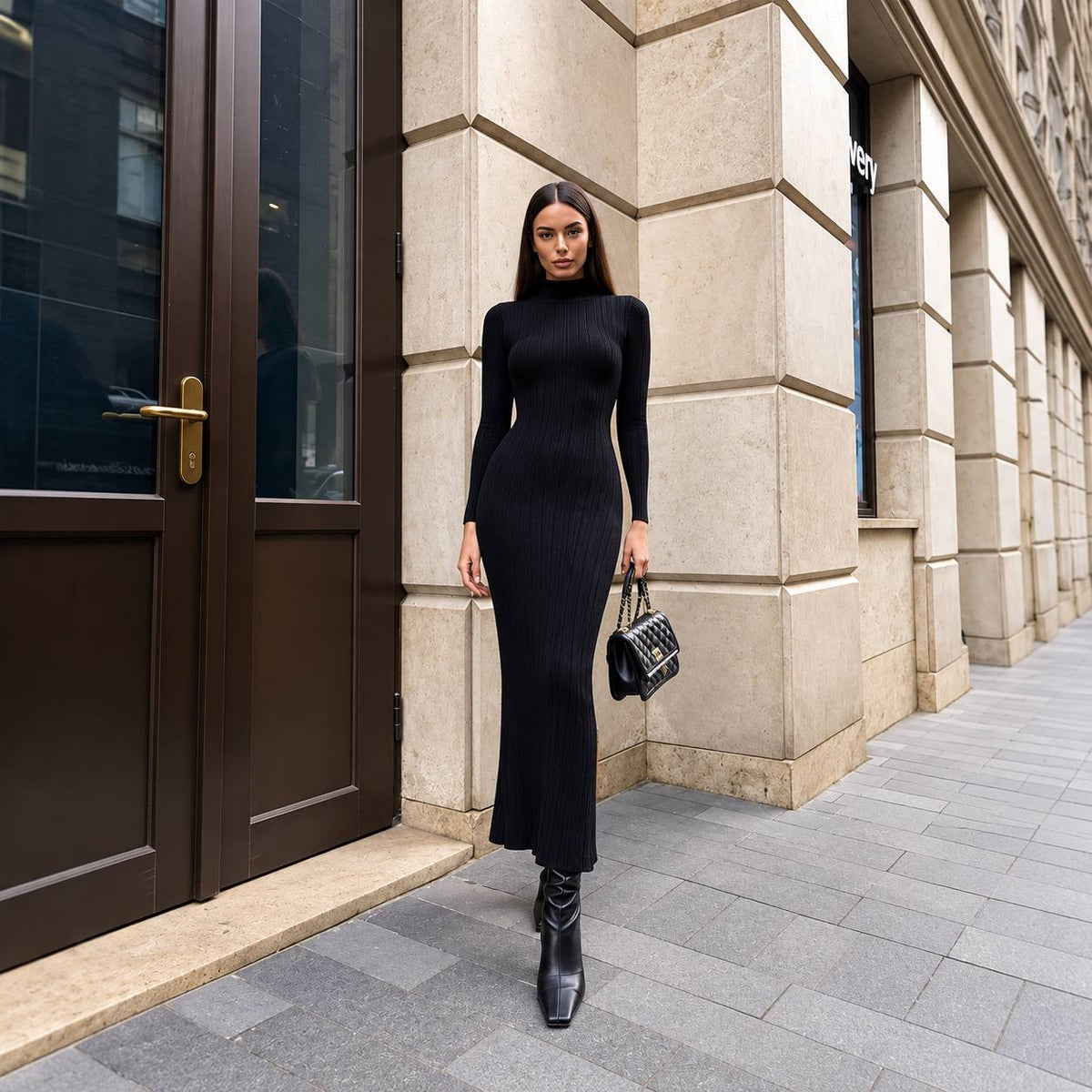 Women's Ribbed High-Neck Long-Sleeve Maxi Dress - Black