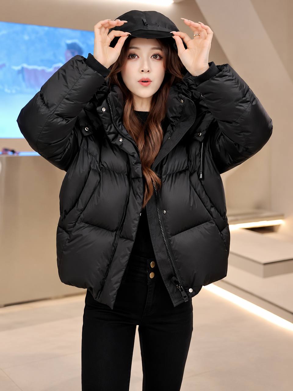 Women's Oversized High-Collar Puffer Jacket - Black