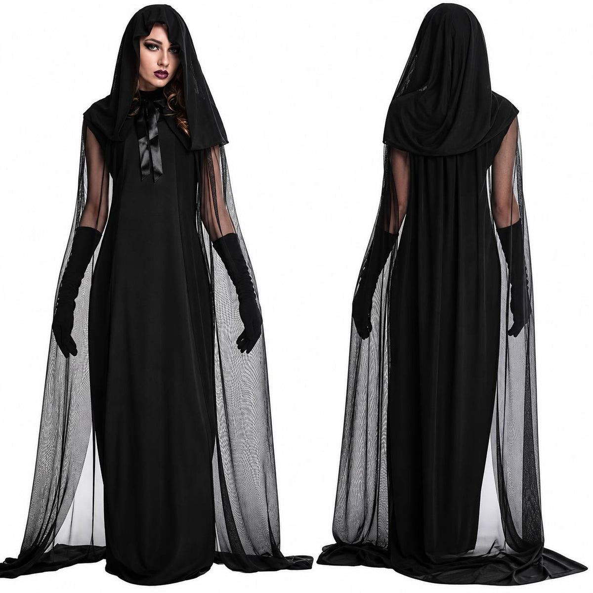Midnight Hooded Sorceress Costume Gown - Black
