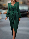 Crossover Midi Dress With Flowing Folds And Full Sleeves – Dark Green