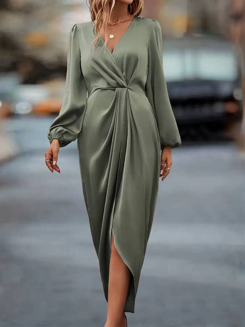 Crossover Midi Dress With Flowing Folds And Full Sleeves – Sage Green