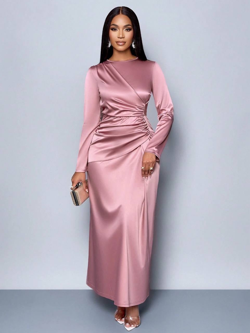 Asymmetric Draped Maxi Dress With Long Sleeves – Pink