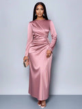 Asymmetric Draped Maxi Dress With Long Sleeves – Pink