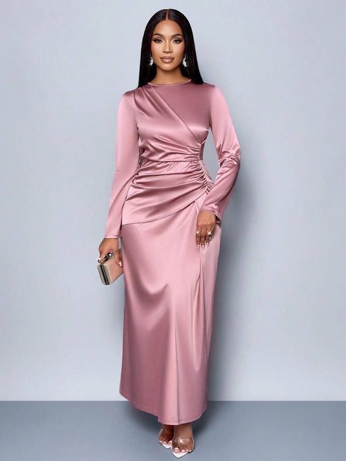 Asymmetric Draped Maxi Dress With Long Sleeves – Pink