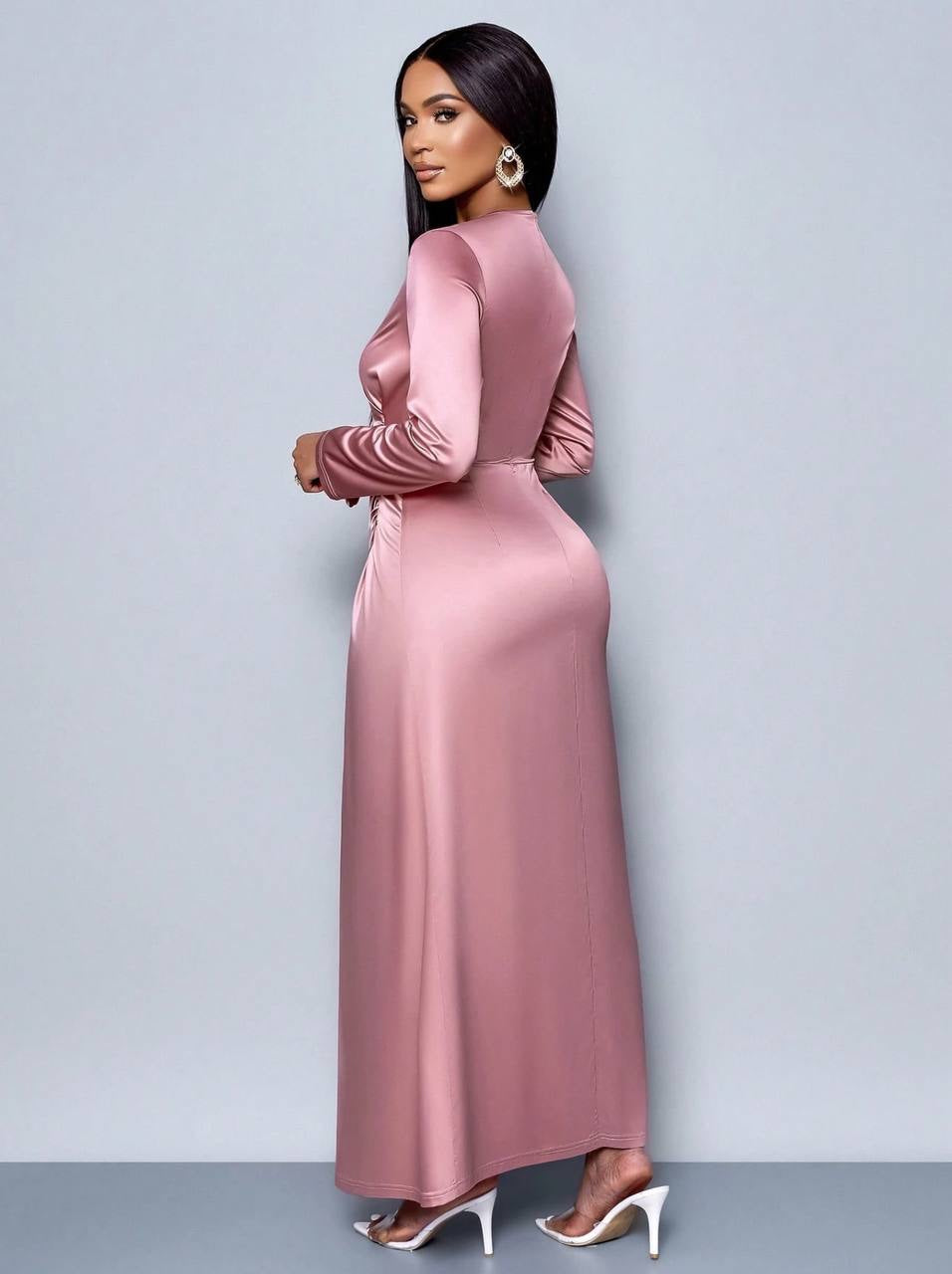 Asymmetric Draped Maxi Dress With Long Sleeves – Pink