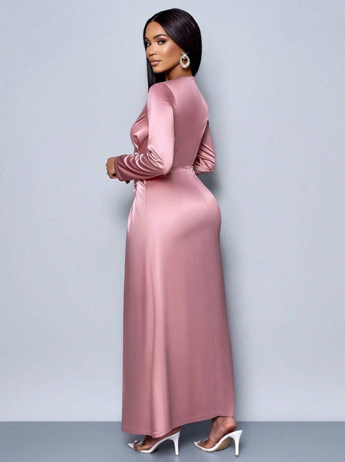 Asymmetric Draped Maxi Dress With Long Sleeves – Pink
