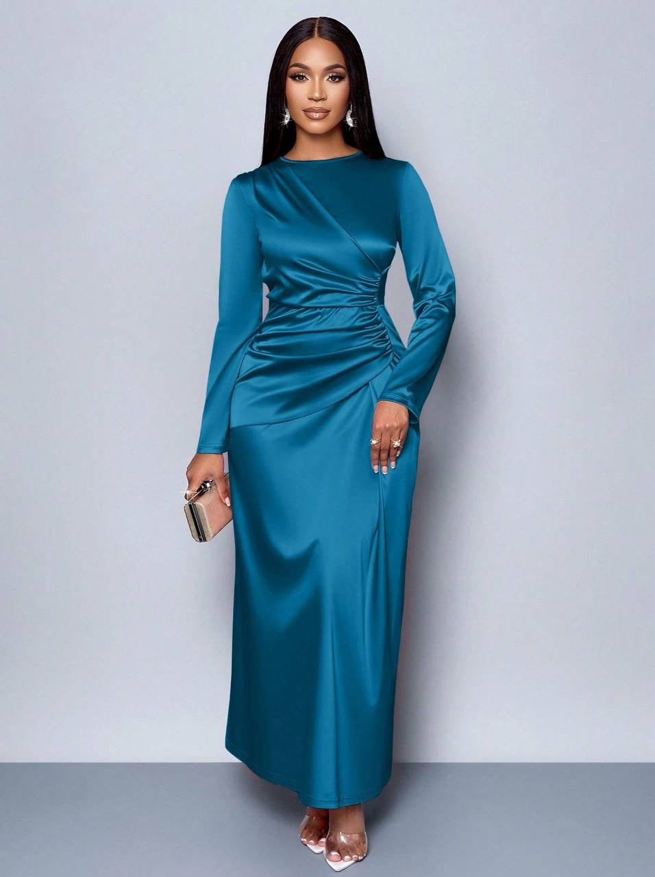 Asymmetric Draped Maxi Dress With Long Sleeves – Teal