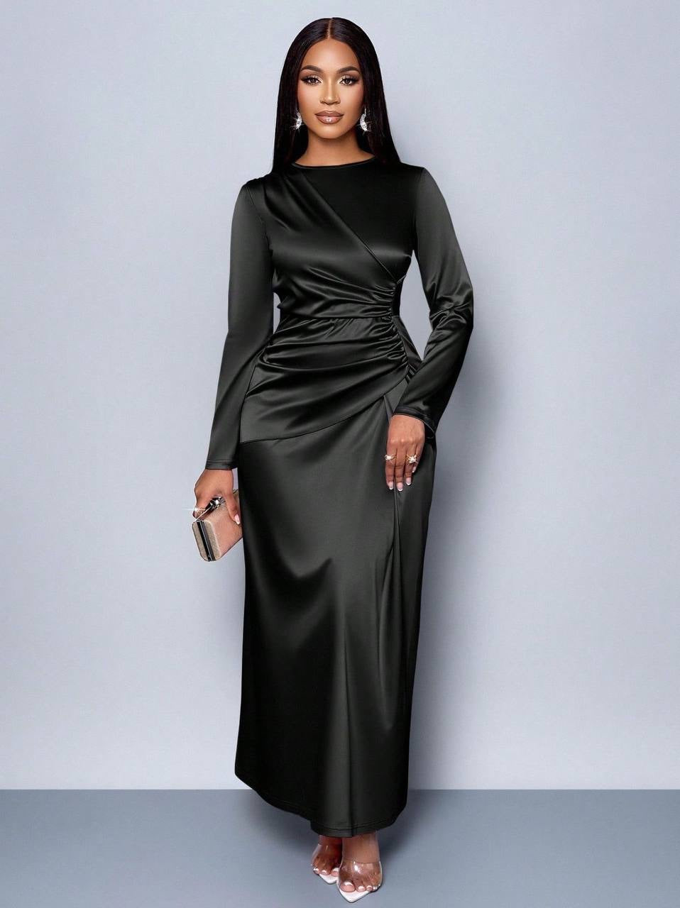 Asymmetric Draped Maxi Dress With Long Sleeves – Black