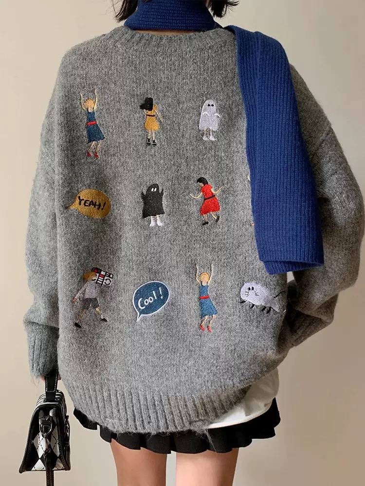 Embroidered Long Sleeve Sweater With A Relaxed Silhouette – Grey