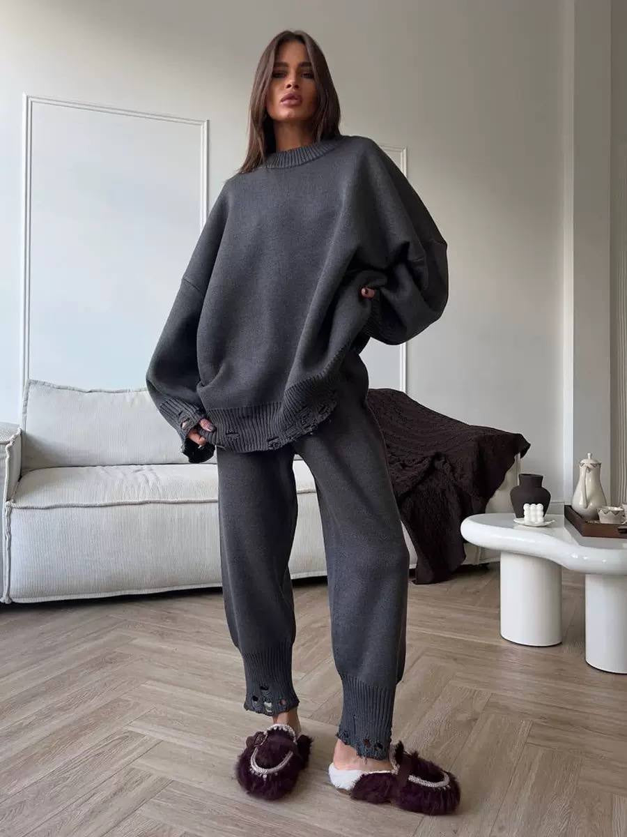 Drop Shoulder Sweater And Pants Set With Ribbed Edges – Charcoal Grey