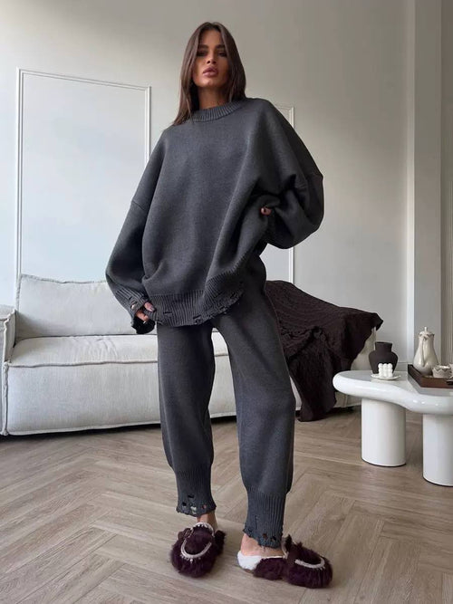 Drop Shoulder Sweater And Pants Set With Ribbed Edges – Charcoal Grey