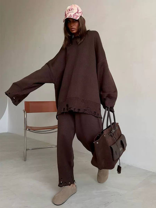 Drop Shoulder Sweater And Pants Set With Ribbed Edges – Brown